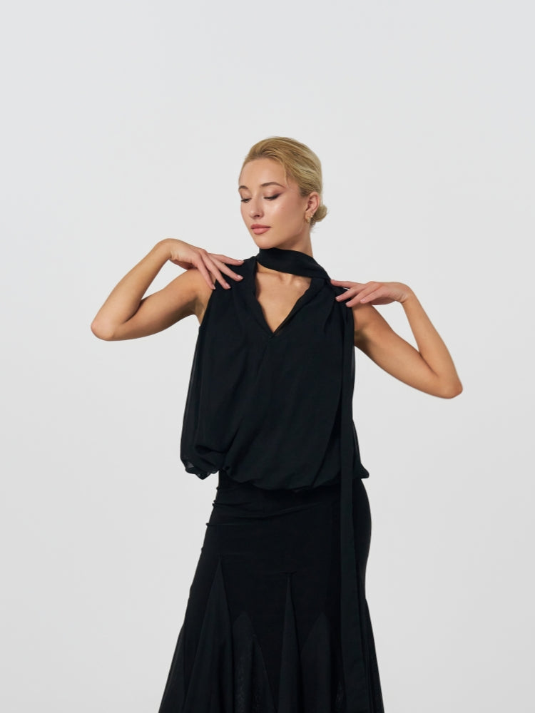 Black Choker Tie Draped Ballroom Dance Top
