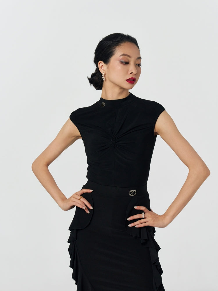 Black Mock Neck Twist Front Ballroom Bodysuit