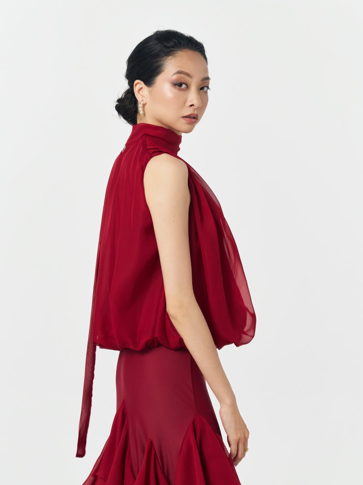 Wine Red Choker Tie Draped Ballroom Dance Top