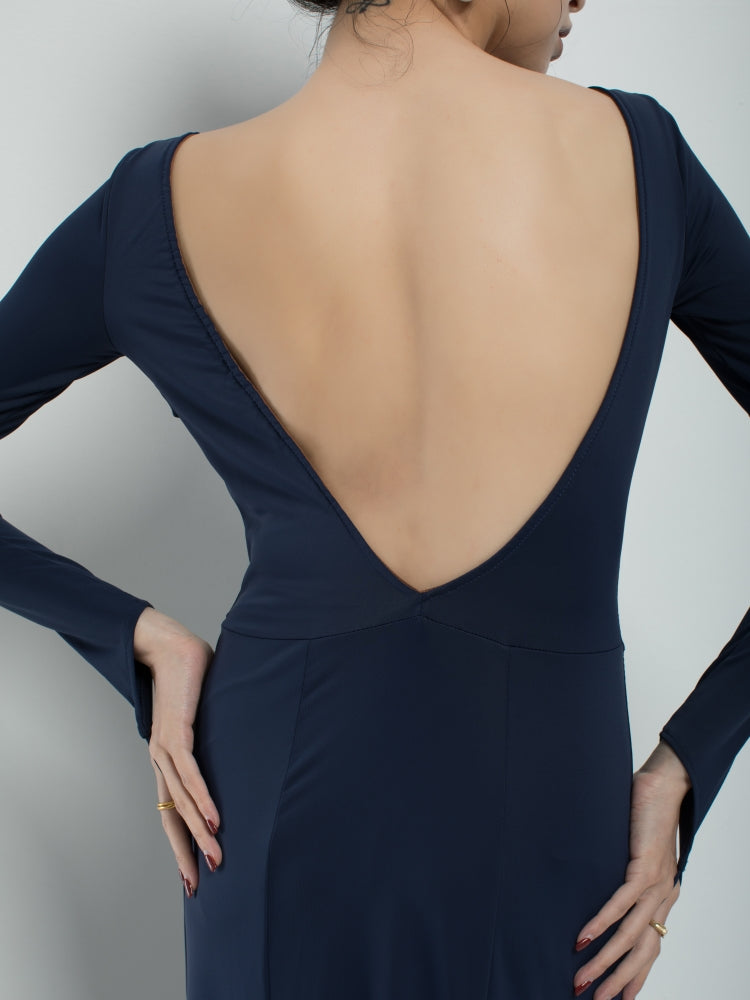 Custom Navy Blue V-Back Ruffle Detail Ballroom Practice Dress