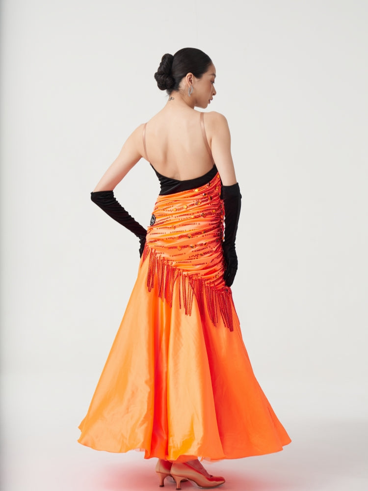 Custom Black Velvet & Orange Rhinestone Fringe Ballroom Competition Dress
