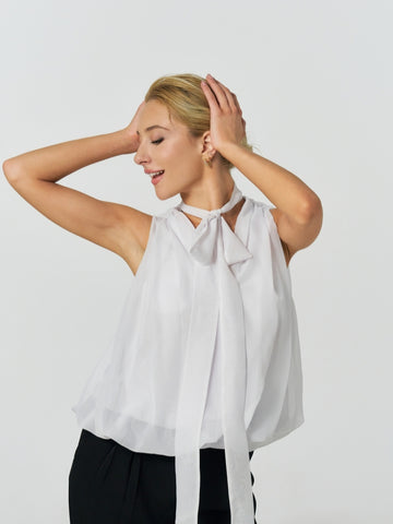 White Bow Tie Neck Chiffon Ballroom Dance Top