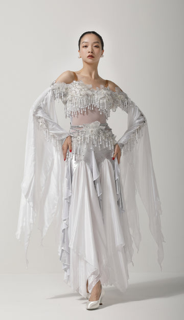 Custom White Off-Shoulder Beaded Fringe Ballroom Competition Gown
