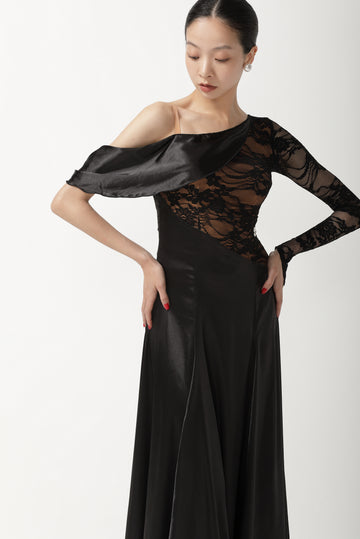 Custom Black Asymmetric Off Shoulder Lace Satin Ballroom Dance Dress