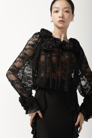 Black 3D Rose Sheer Lace Dance Bodysuit