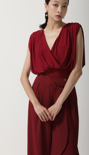 Red Draped Cowl Back Bodysuit