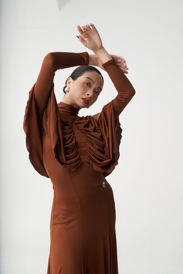 Custom Brown High Neck Cold Shoulder Ruched Ballroom Dance Dress