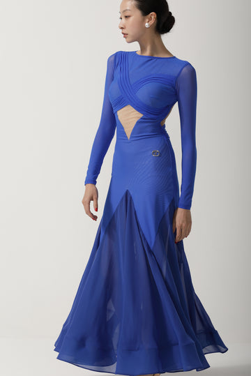 Custom Blue Long Sleeve Crisscross Cutout Mesh Ballroom Dance Dress