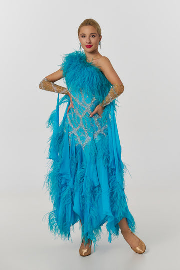 Luxury Made‑to‑Measure Blue Feather Ballroom Gown with White Bead Embellishment